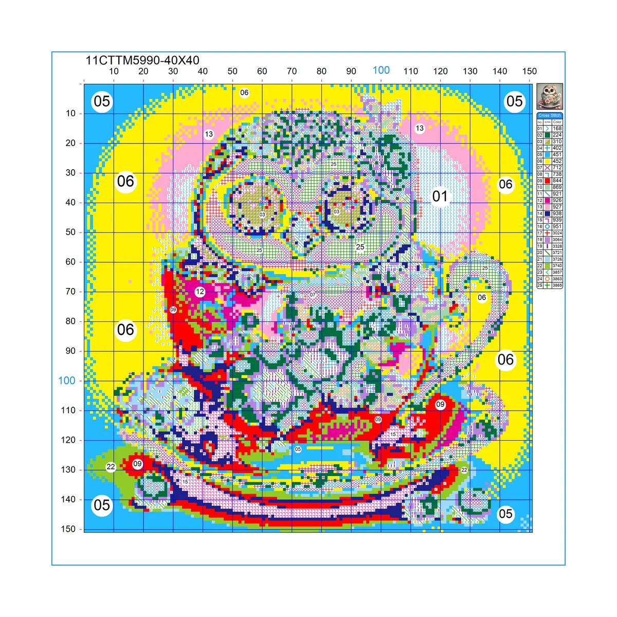 1 Stück 40x40 cm/15,74 Zoll, 11CT/14CT Druck Kreuzstich DIY-Set Neujahrsgeschenk, entspanntes Stickset für Anfänger, Eule in einer Tasse – Detail 3