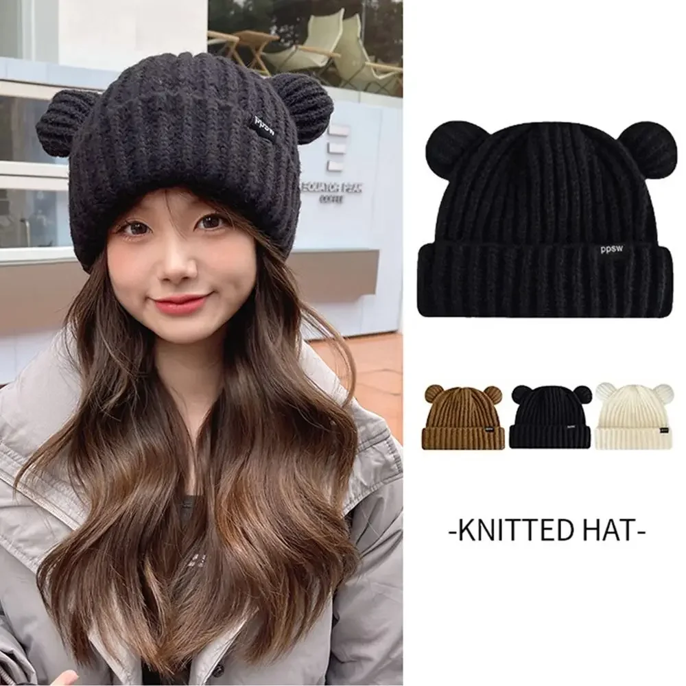 New Fashion Knitted Hat Women Girl Cute Bear Ear Knitted Hat Winter Warm Hat Couple Hats Elastic Woolen Knitted Caps Black