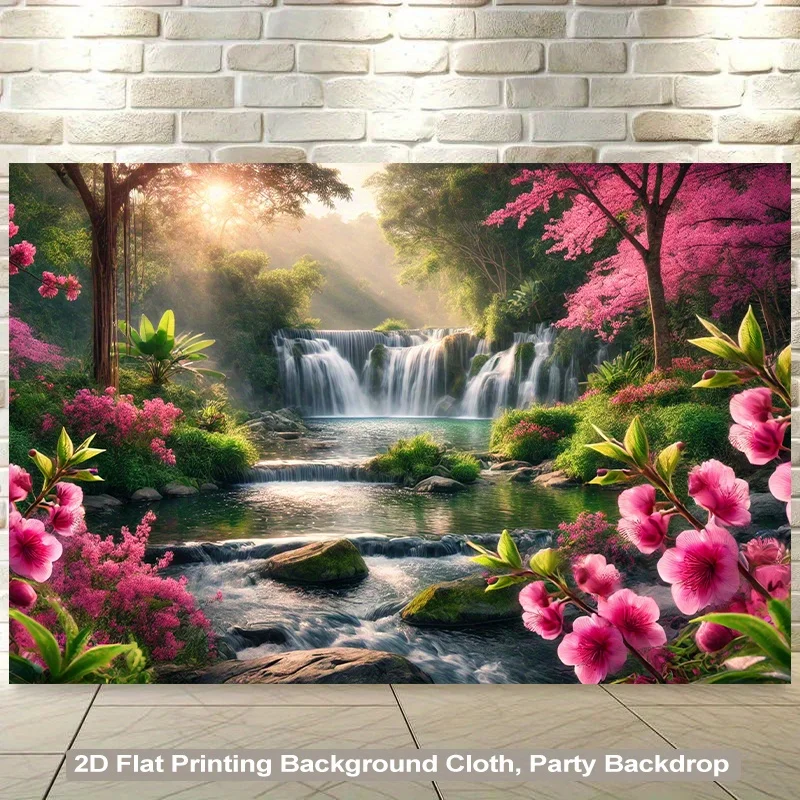 Alternativa de papel tapiz autoadhesivo extra grande de 1 rollo plano 2D: mural de pared de cascada y flores de cerezo de inspiración japonesa
