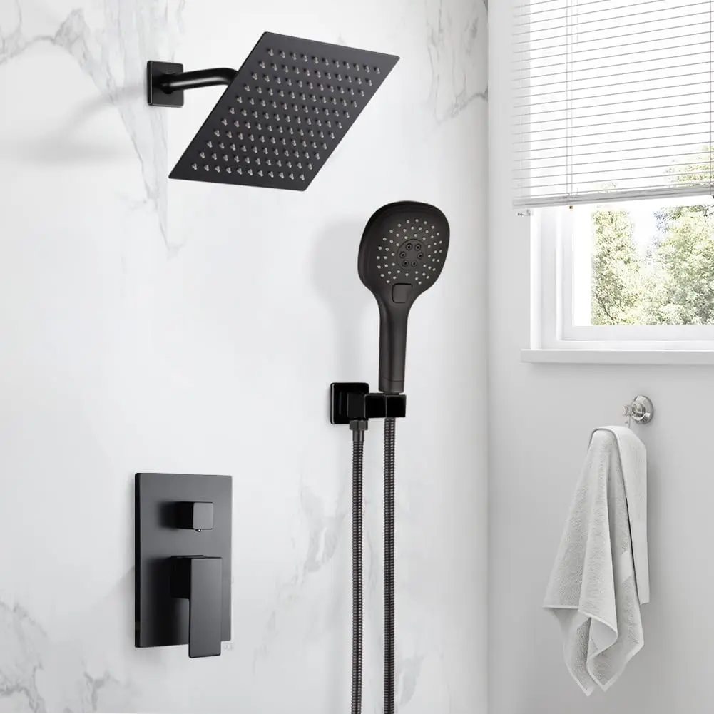 Black Bathroom Shower System, Rainfall Faucet Set, Complete Wall Mounted, Shower Head and Handle Set, 8 pol