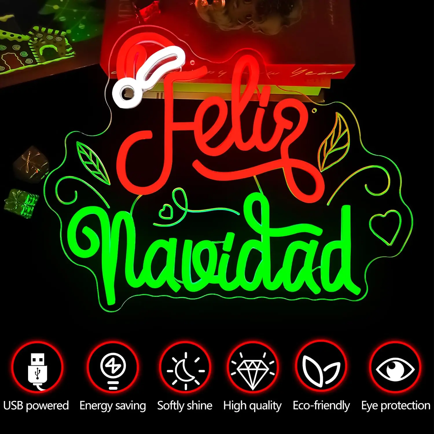 Feliz Navidad Neon Sign for Wall Decor Carving Dimmable Switch Christmas Light Up Sign for Mexican Party Home Holiday Gift