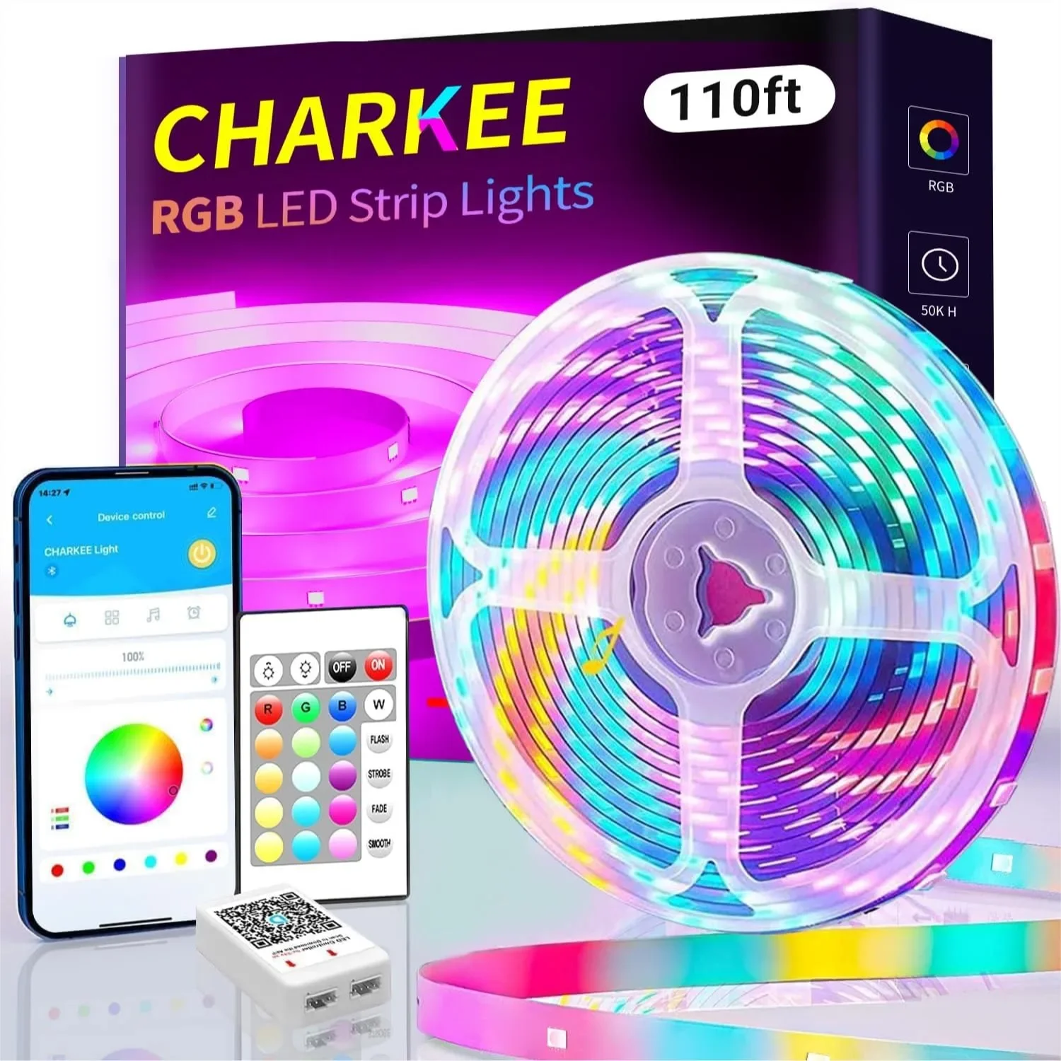 

110ft LED Strip Lights for Bedroom, RGB Music Sync with App & Remote, 24V