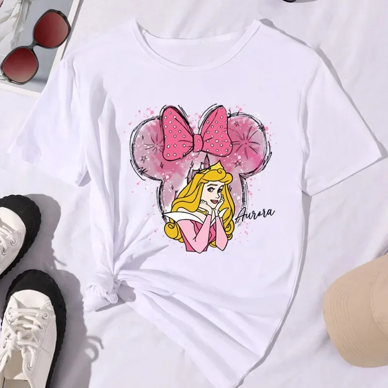 New Fashion Women Graphic T Shirts Kawaii Disney Princess Women Clothes Summer Clothes Women 2024