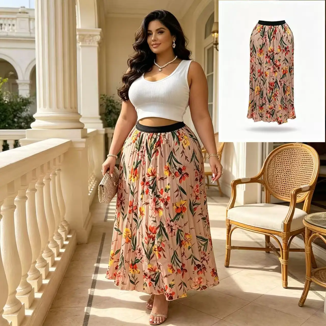 Floral Print Maxi Skirt for Curvy Women plus Size Elastic High Waist Summer Vacation Long Skirt