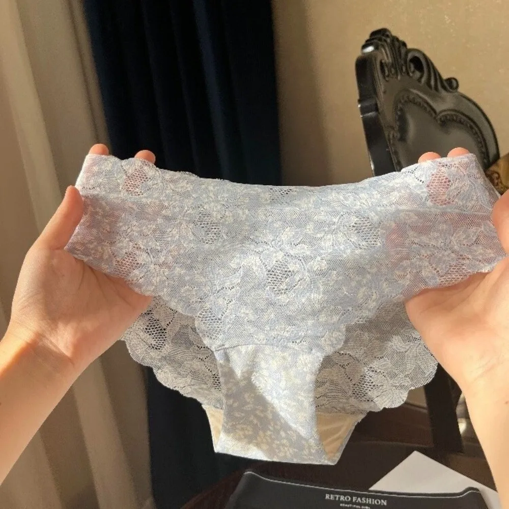 

Cotton Crotch Seamless Lace Thin Panties Transparent Mid Waist Underwear for Women Flower Mesh Lace Briefs Lady