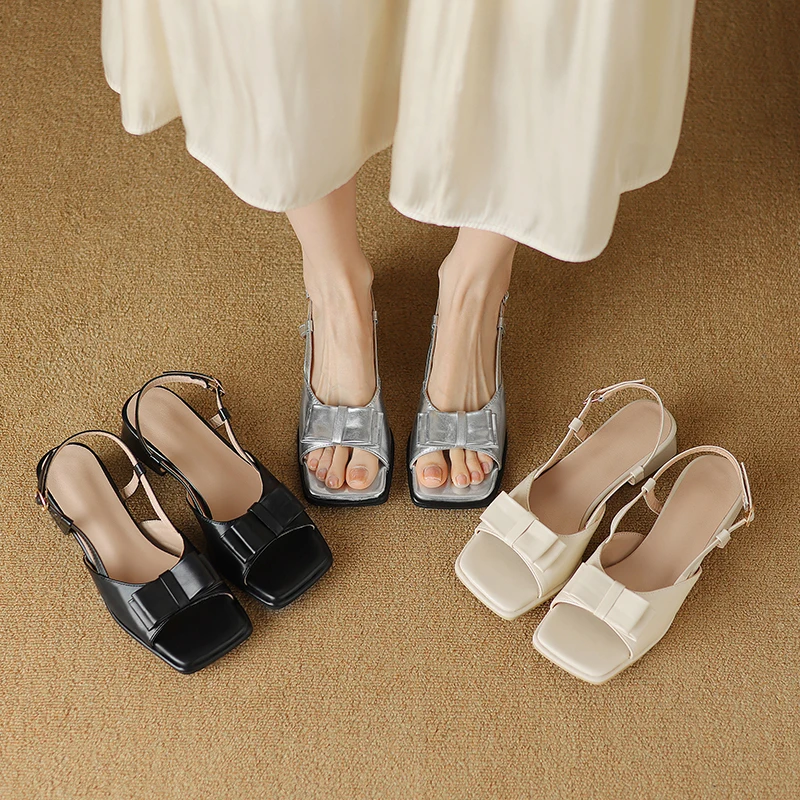 Summer fashion one-line buckle comfortable thick heel square head open toe bow decoration women's sandals