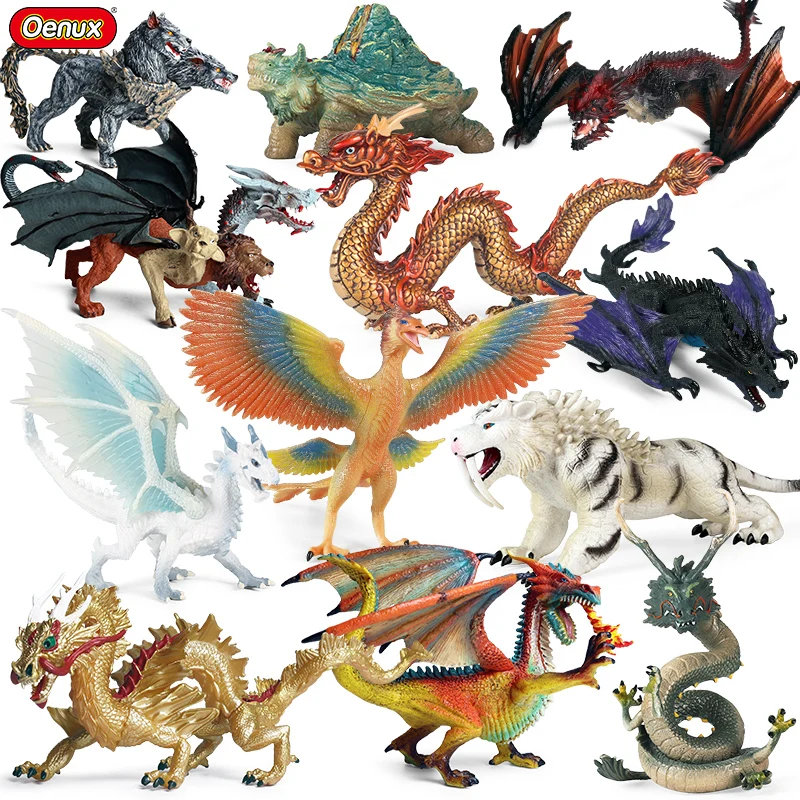 Oenux New Mythical Creatures Dinosaur Action Figures Chinese Dragon Suzaku White Tiger Model Artistical Decoration Kids Gift Toy