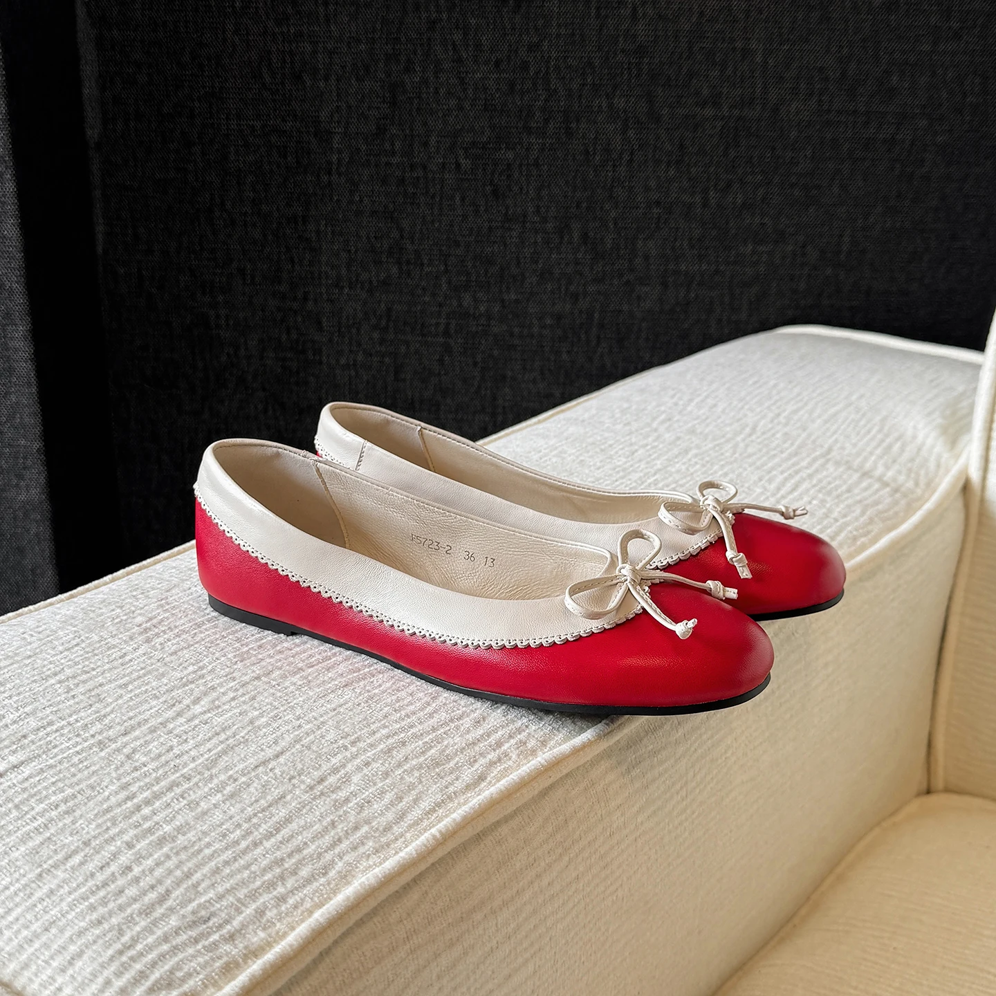 Genuine Leather Sheepskin Women Shoes,Color Blocking Slip On Butterfly-knot Ballet Flats Shoes