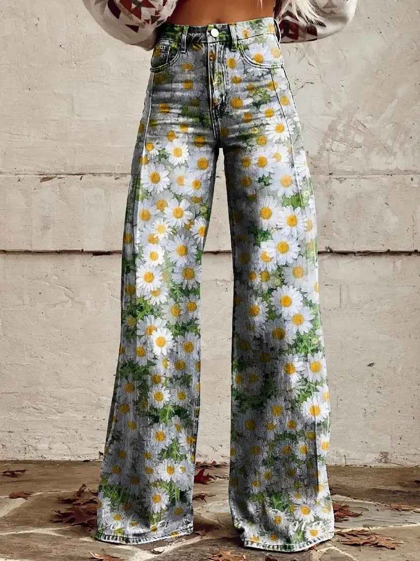 Ladies new bell bottom pants 3D printed flowers and grass pattern retro hot selling ladies trousers S-3XL