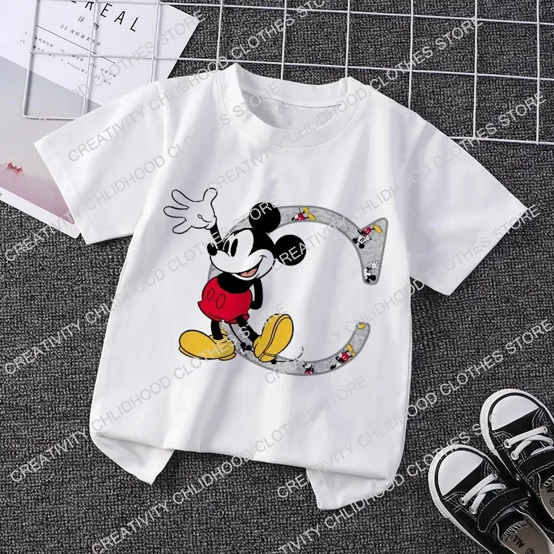 Mickey Mouse Children\'s T-Shirt Letter A B C Name Combination Tee Shirts Disney Cartoons Kawaii Kid Casual Clothes Girl Boy Tops