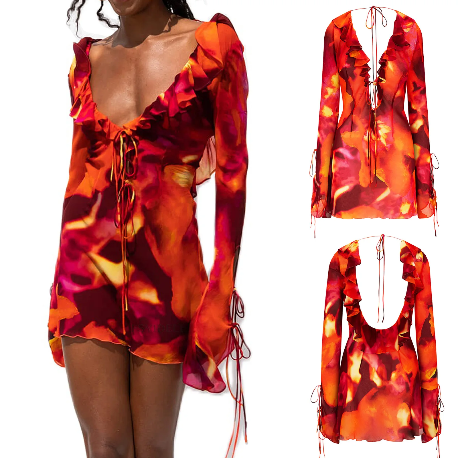 

SKMY Summer Tie Dye Dress Sexy Deep V Long Sleeved Lapel Mini Wrap Buttocks Dress Passport