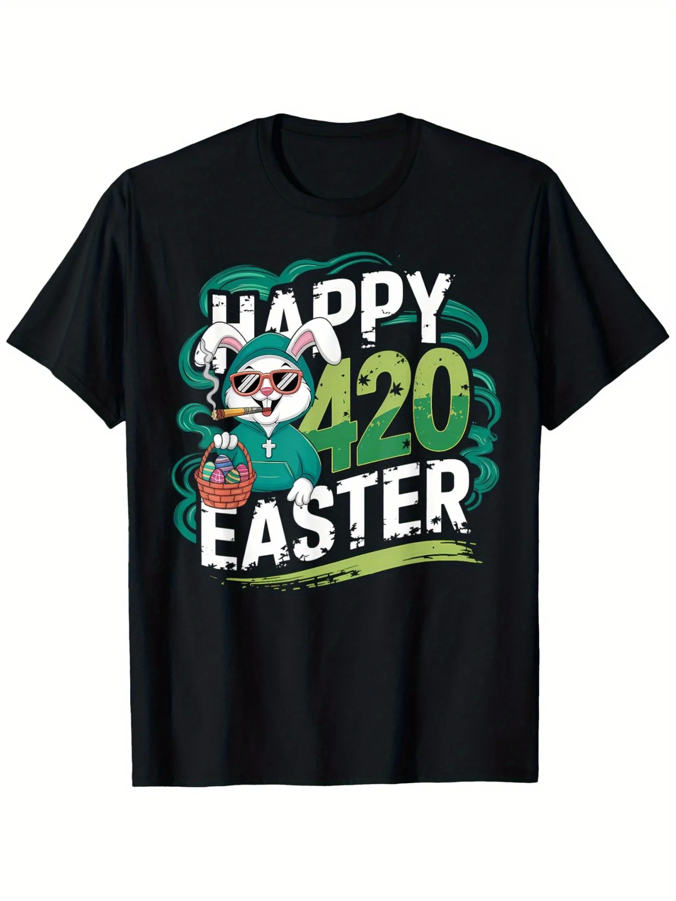 تي شيرت قطني برسومات عيد الفصح 420 للرجال والنساء - تصميم Happy Bunny & Easter Egg أسود بأكمام قصيرة ورقبة دائرية