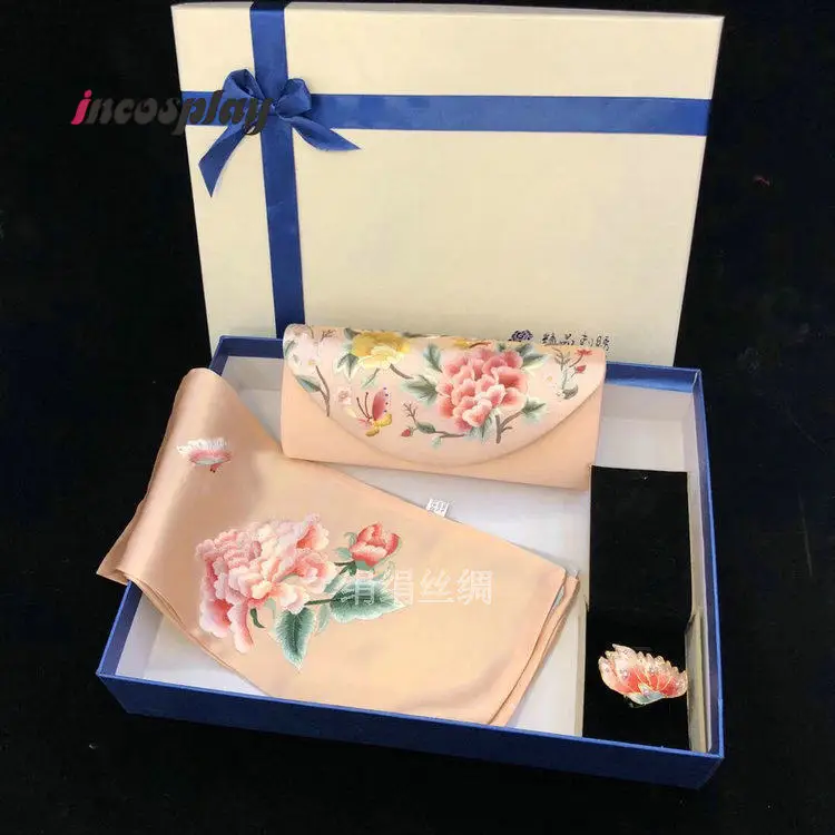 Chinese Embroidery Silk Scarf, Scarf Buckle & Evening Clutch 3Pcs Gift Box Set, Exquisite Luxury Present view 6
