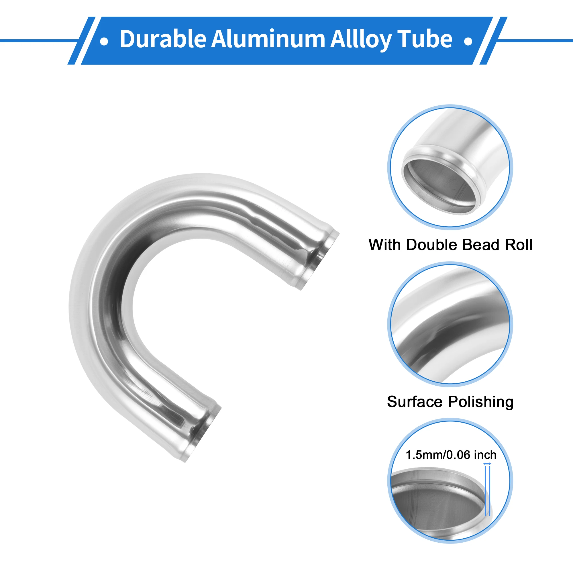 Uxcell 38/51/57/63/70/76/89mm OD 180 Degree Aluminum Alloy Bend Elbow Tube Intercooler Pipe Polishing Air Intake Pipe 100mm Long