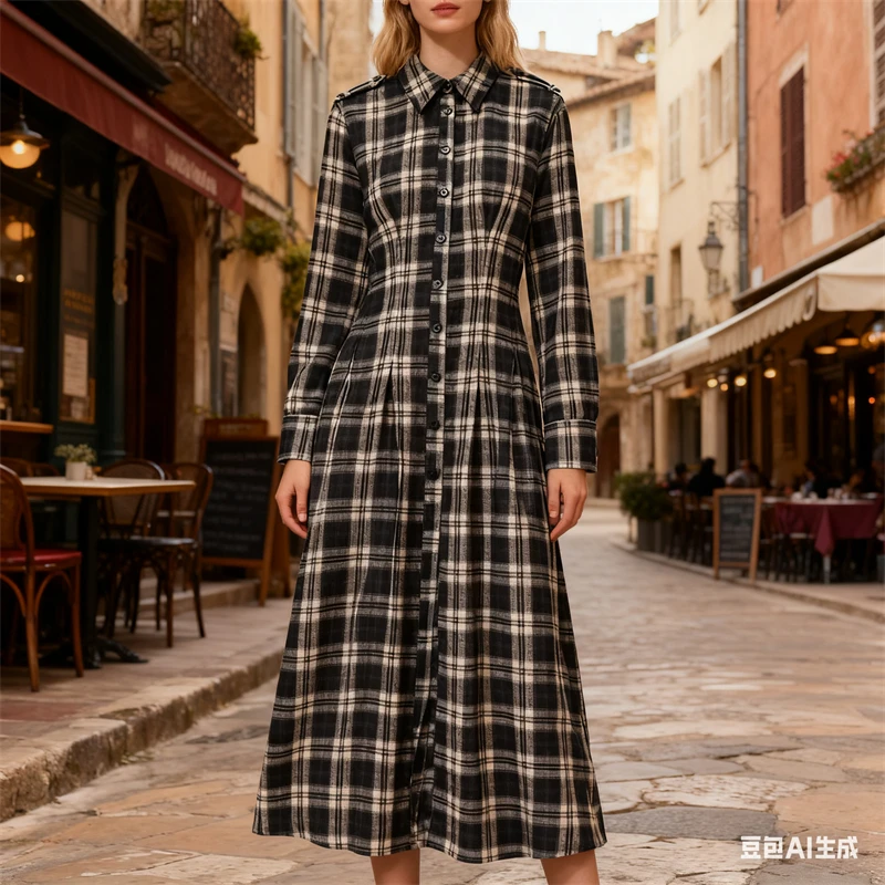 Abito camicia scozzese vintage Abito lungo da donna a maniche lunghe abbottonato Abito casual elegante autunno inverno