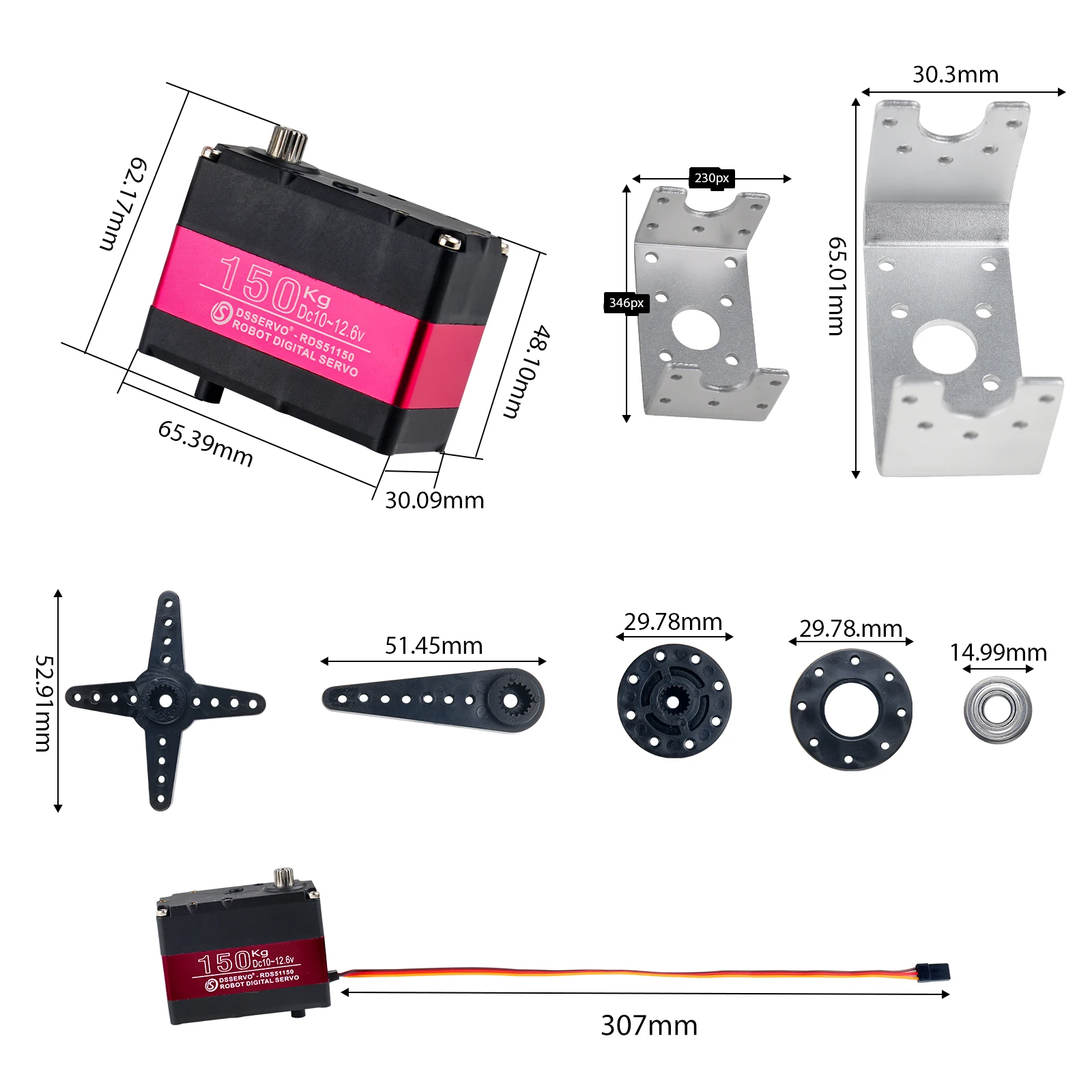 RDS51150 150KG High-Torque Digital Servo IP66 Waterproof Metal Gear 12V for RC Car Robot 180°/270° Double Shaft with U Bracket