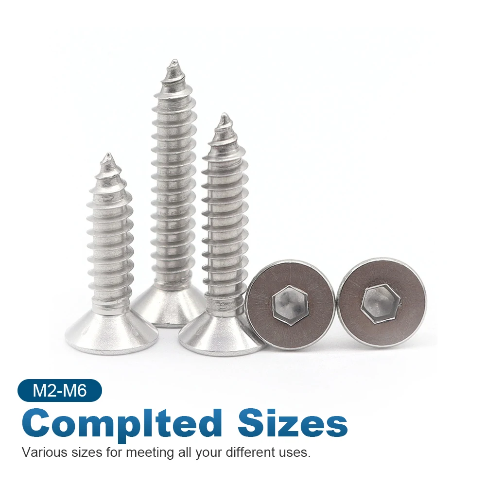 Tornillo autorroscante de cabeza plana con casquillo hexagonal m2 m2.6 m3 m4 m5 m6 tornillos roscados de cabeza avellanada Allen de acero al carbono niquelado