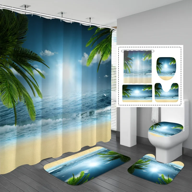 1/4pc View Pattern Set, Summer Beach Blue Sky Palm Tree Bathroom Sets With Shower Curtain And Rugs, Machine