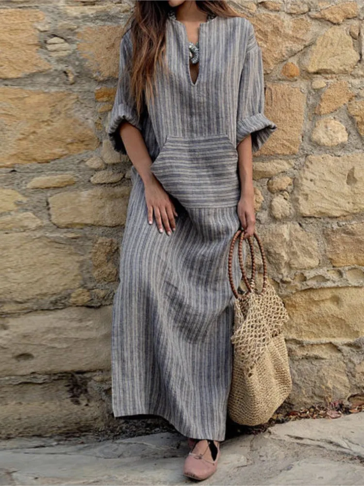 Autumn Women's New Cotton Linen Yarn-dyed Striped Long Dress, Fashionable Big Pockets, Sexy V-neck Long-sleeved Loose Dress