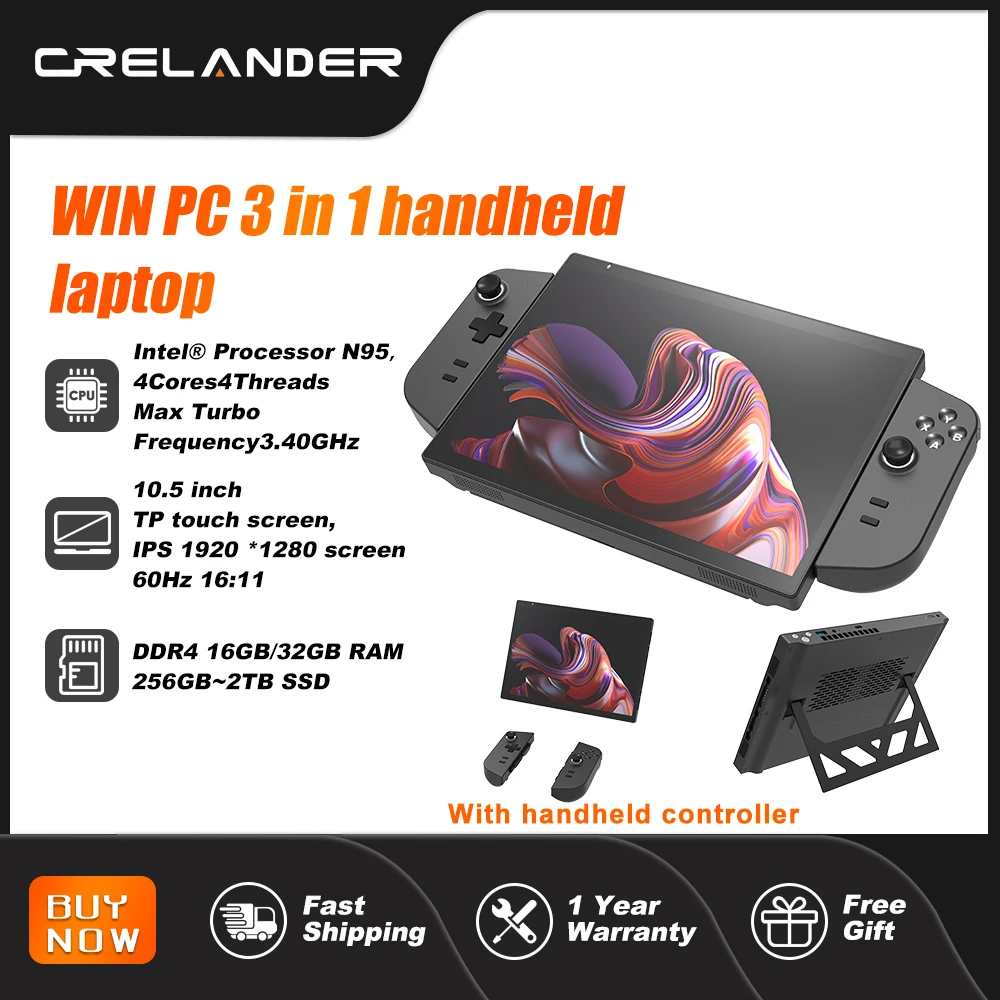 CRELANDER Laptop Intel N95 CPU  4 Cores 4 Threads 10.5 inch TDP Touch Screen 16:11 Ratio M2 2280 SSD Handheld Gaming Laptop