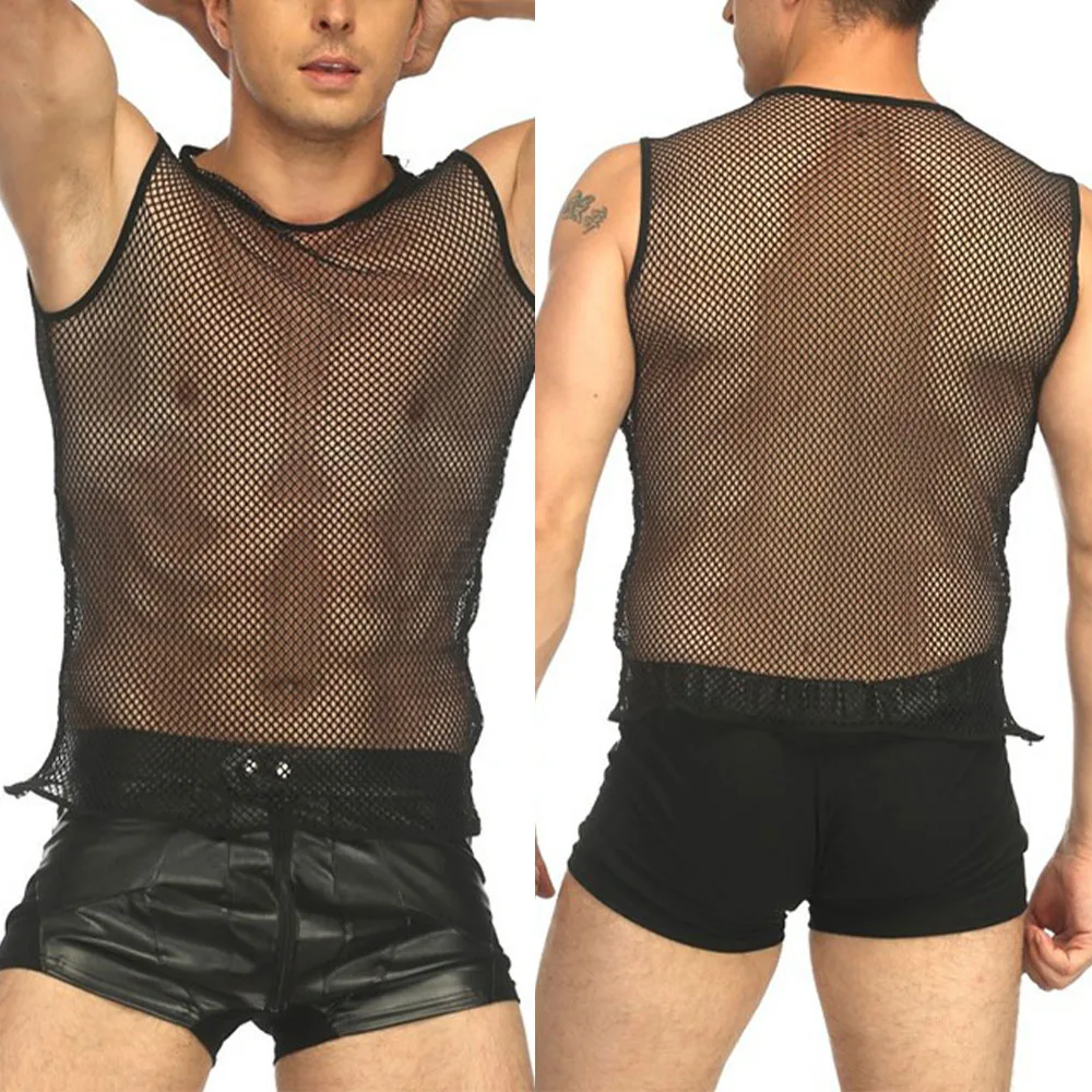 Sexy Men\'s Fishnet Transparent Tank Tops Vest O Neck Sleeveless Solid Black Mesh String Vest Slim Tees T Shirt Vests Tanks