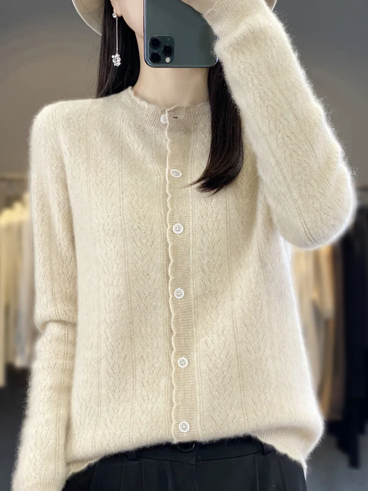 

Шикарный женский изысканный жаккардовый свитер, теплый мягкий кардиган с круглым вырезом, 100% мериносовая шерсть, осенне-зимняя повседневная свободная одежда, топы