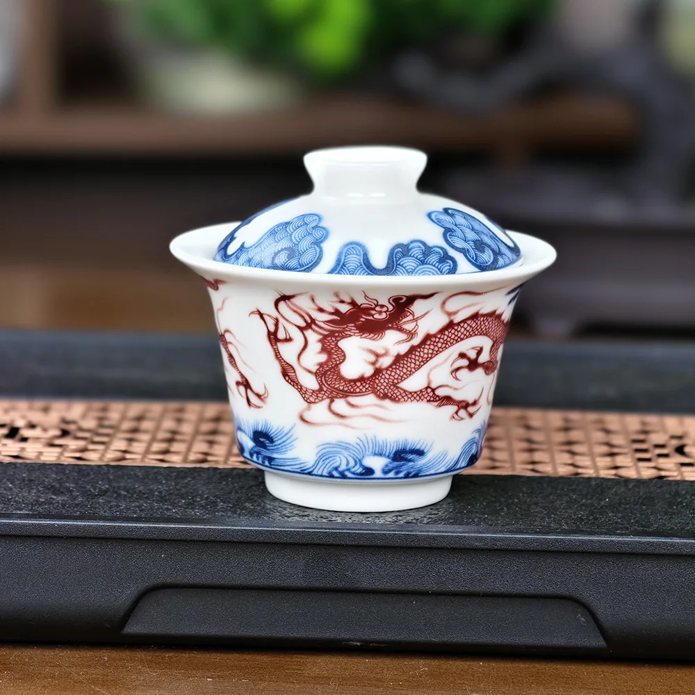 Jingdezhen Blue and White Red Sea Pattern Tureen Tea Brewing Bowl Two-Way Hover Hand-Held Cup Ru Ware Royal Glaze