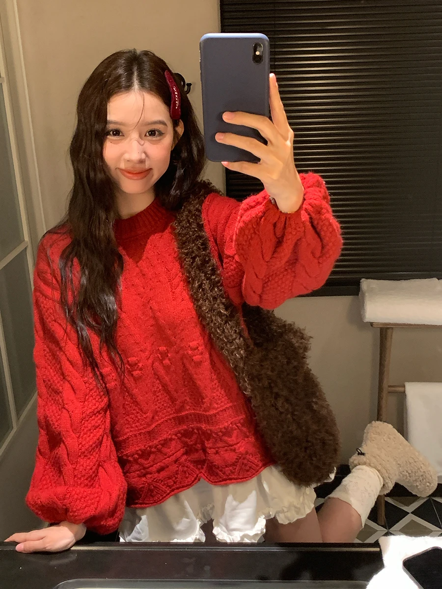 

Cisas Red Sweater Dr Loose Knitted Long Sve round Ne Warm Fing Women's Commute Sle Faionable Casual Dr