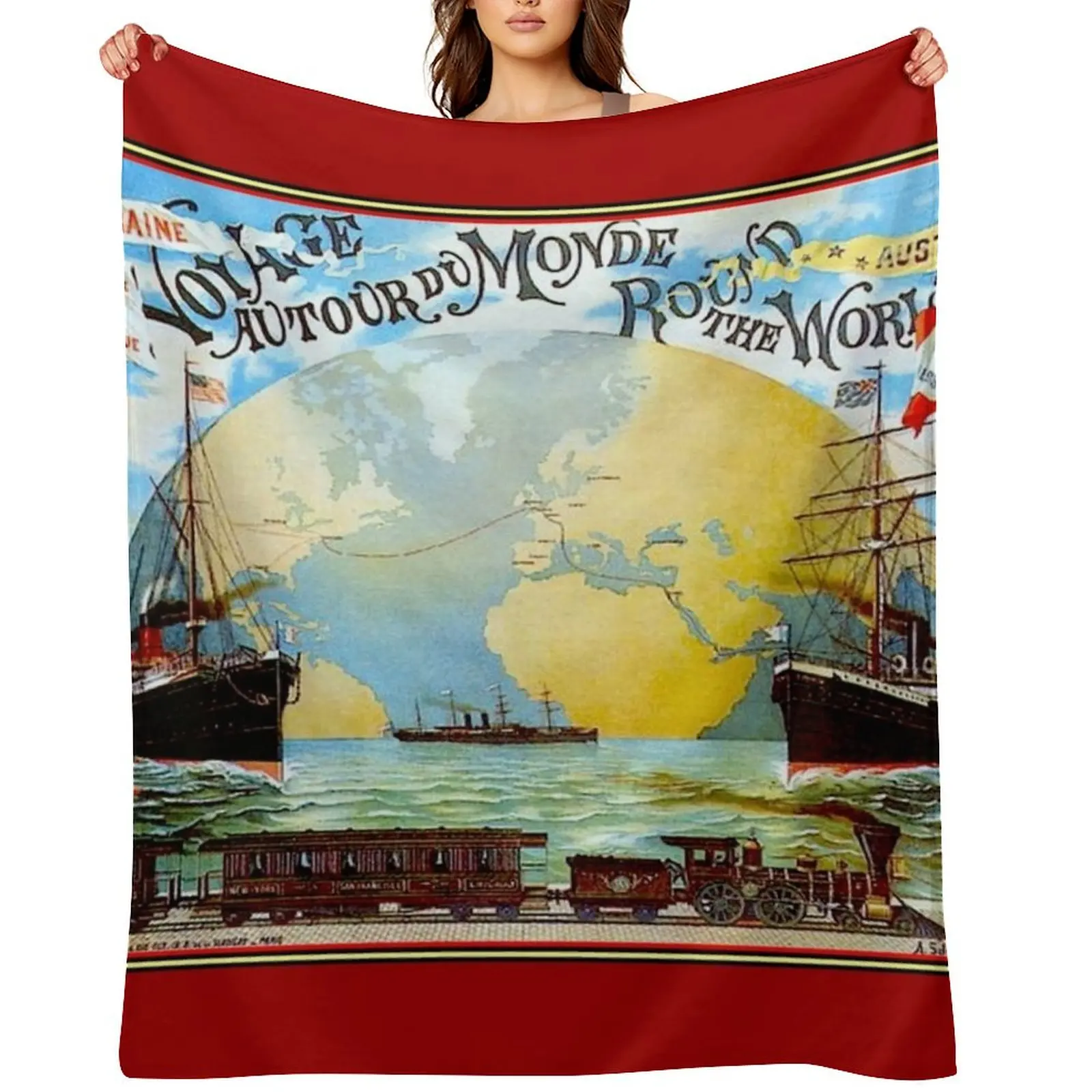 

Around The World in 80 Days; Vintage Jules Verne Print Throw Blanket Camping Moving Plaid Decorative Beds Blankets