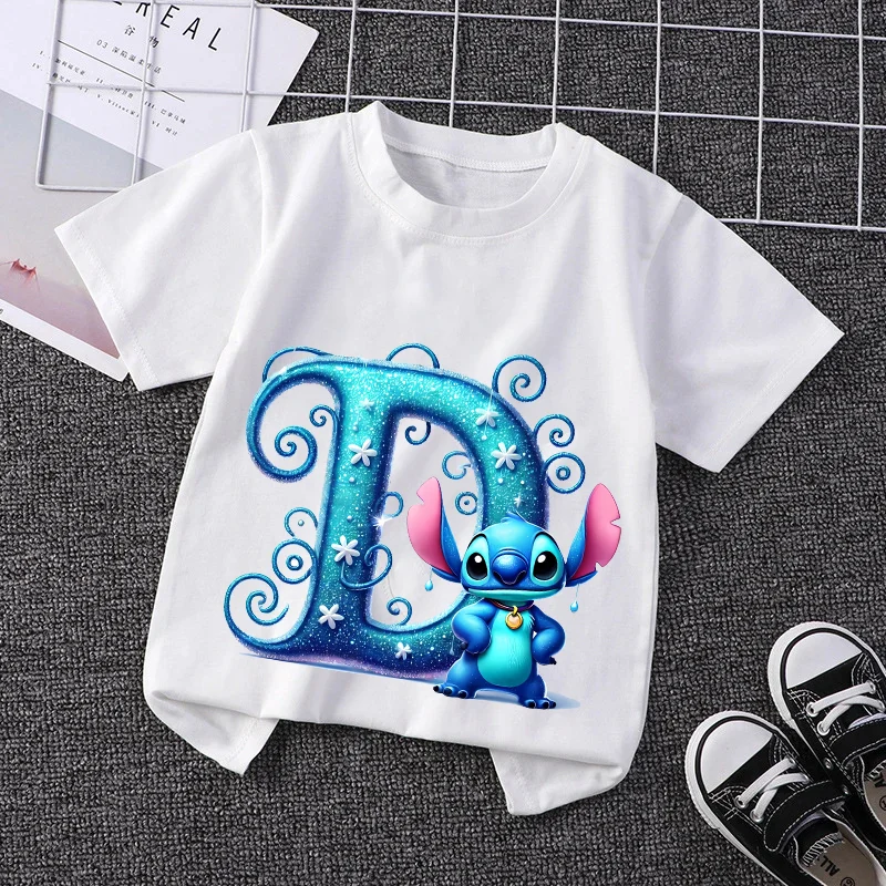 

Lilo Stitch Letter A-Z T-shirt for Children Cute Cartoon Short Sleeved Summer Top Fashion Kid Clothes Boy Girl Tee Birthday Gift