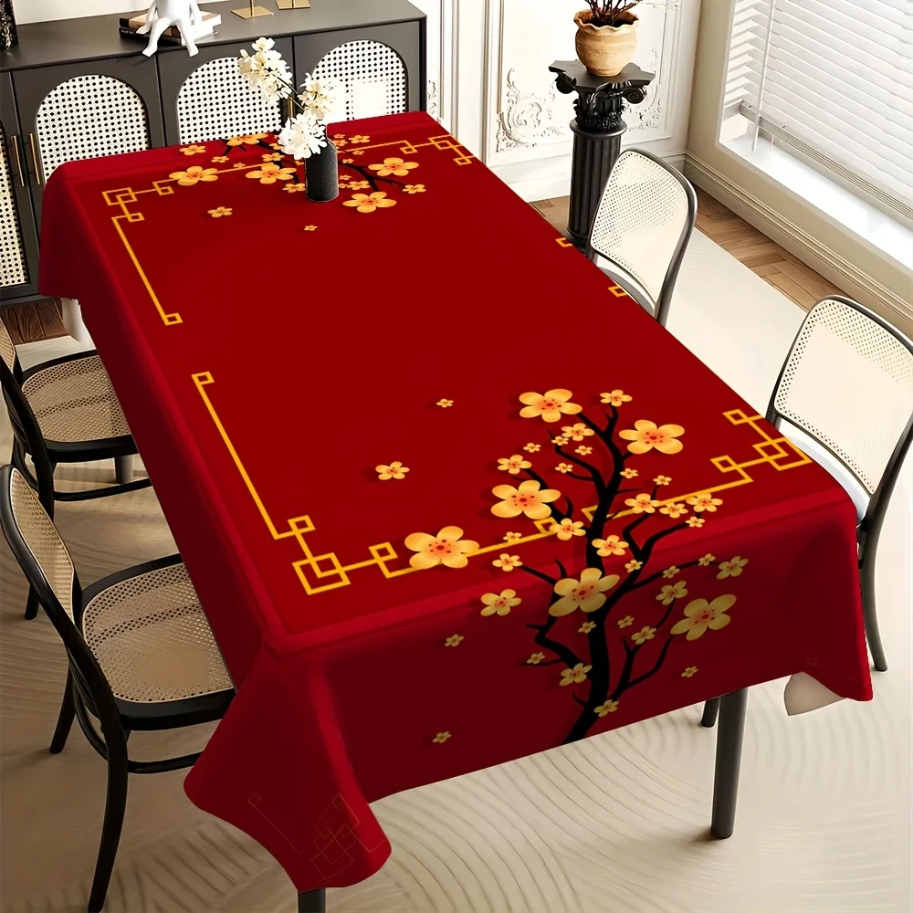 Chinese Lunar New Year Red Plum Blossom Waterproof Tablecloth Table Decor Spring Festival Kitchen Dining Tablecloth Party Decor