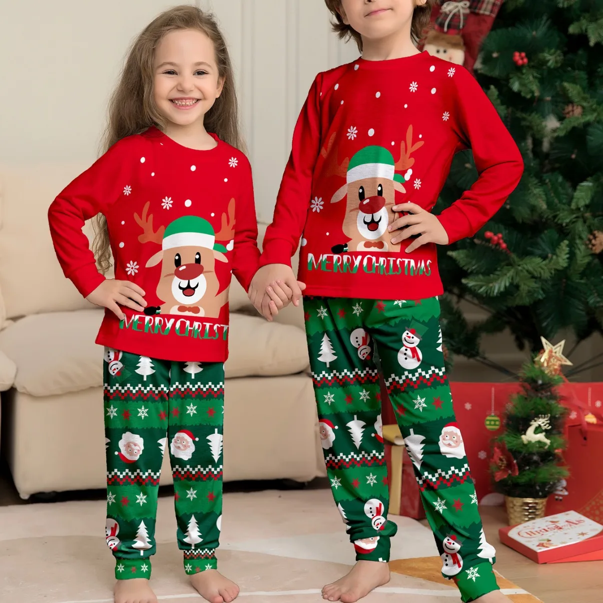 Christmas family set Cartoon letter Snowman Christmas print family set a family of four long-sleeved pajamas + pants 2 pieces