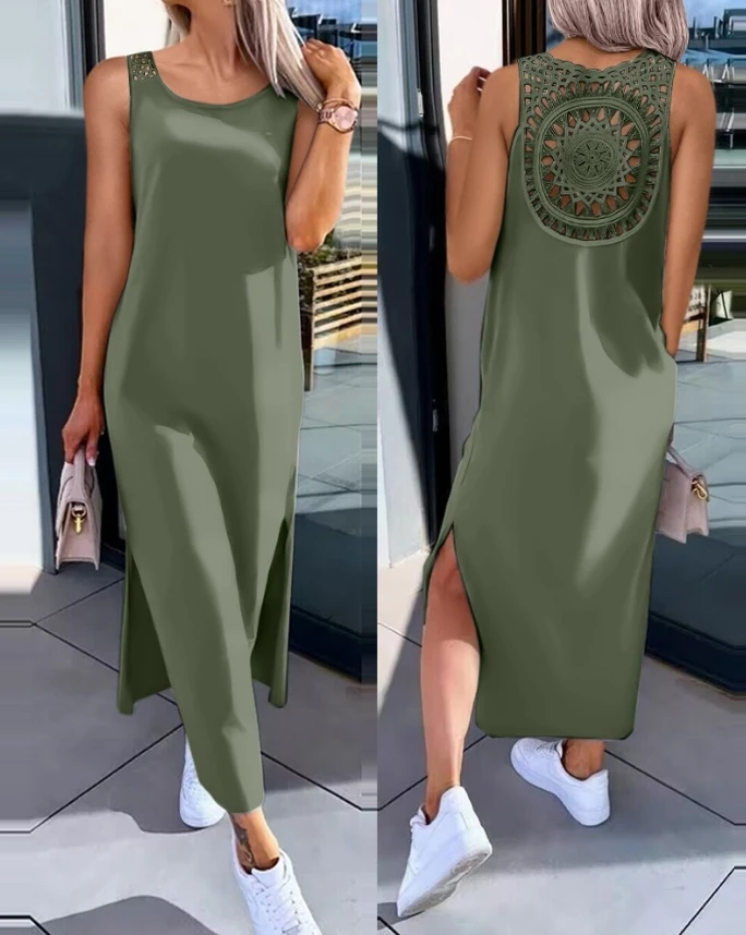 Casual women's dresses 2025 Summer Fashion Slit Hollow-Out Casual Plain Round Neck Sleeveless Daily Straight Mid-Calf long dress