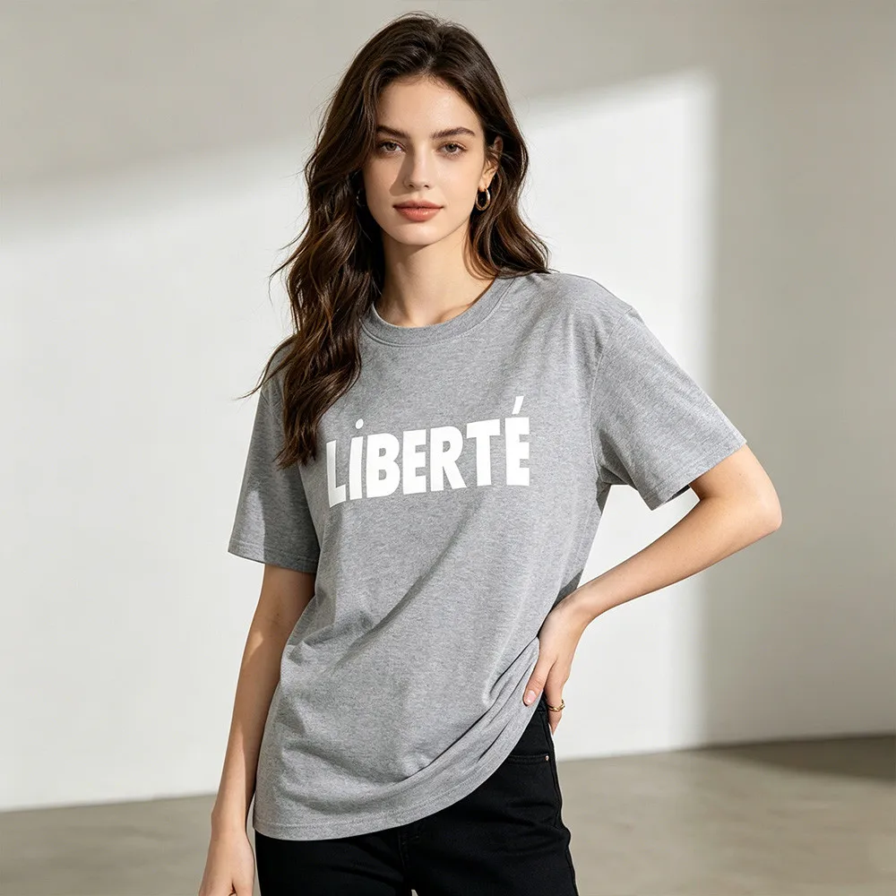 Liberte French Letters Printing Female Elegant Short Sleeve T Shirts Summer Loose Cotton Casual Tops Ins Fashion Gray Tees