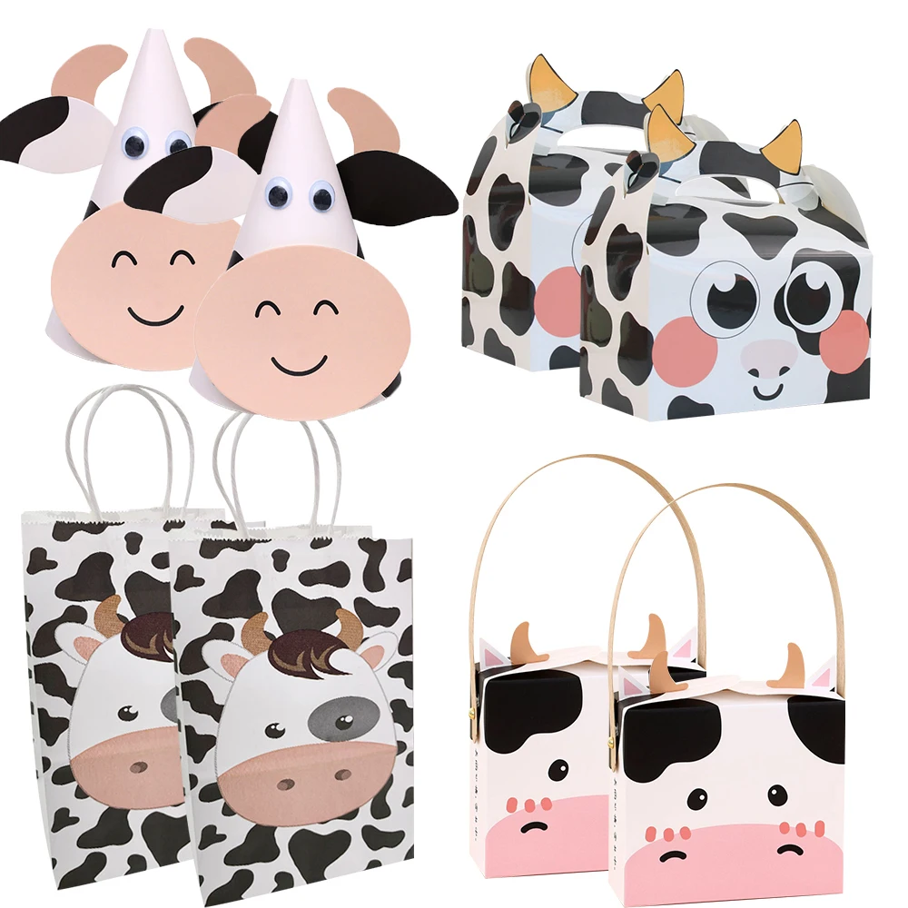 Cow Pattern Candy Boxes Carton Cow Cookie Bags for Kids Farm Animal Cow Themed Happy Birthday Party Decorations Gifts Supplies