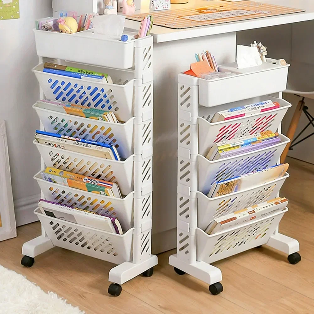 Movable Bookshelf Large Capacity Rotatable Removable Plastic Practical Rolling Organization Shelf 6 Layer