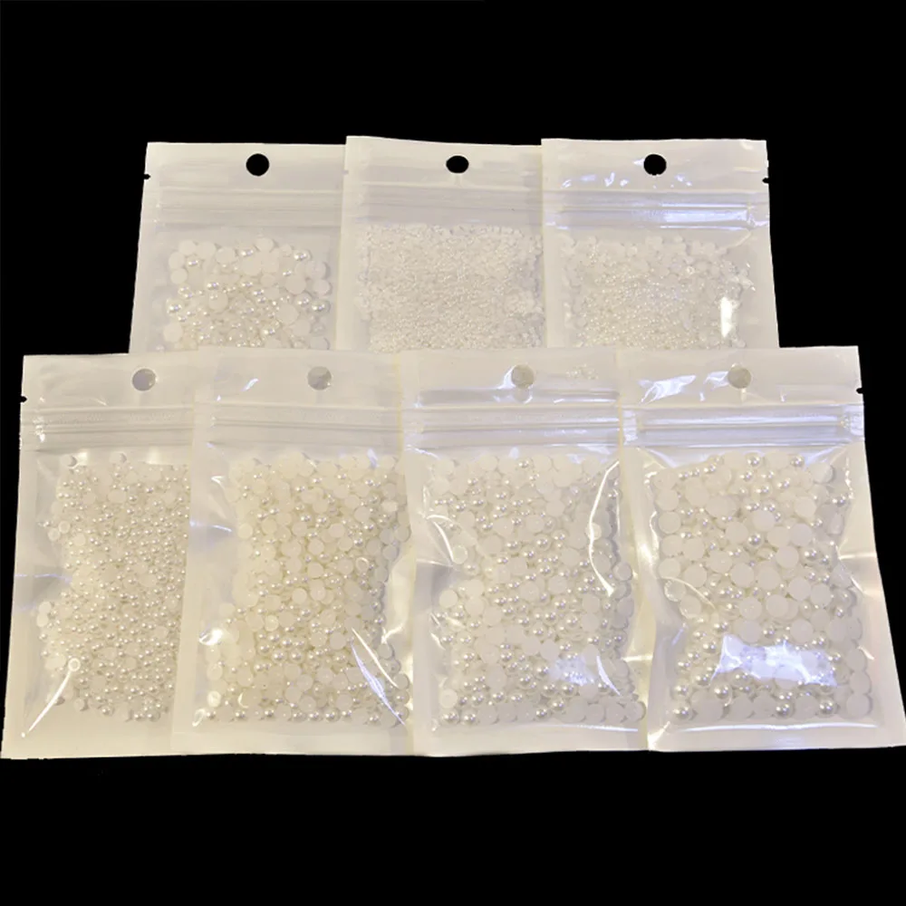 Cuentas de perlas blancas para decoración de manicura, abalorios de diamantes de imitación para uñas, 3D, medio redondo, tamaño mixto, Beige, Parte posterior plana, 500-1000 unids/lote por bolsa