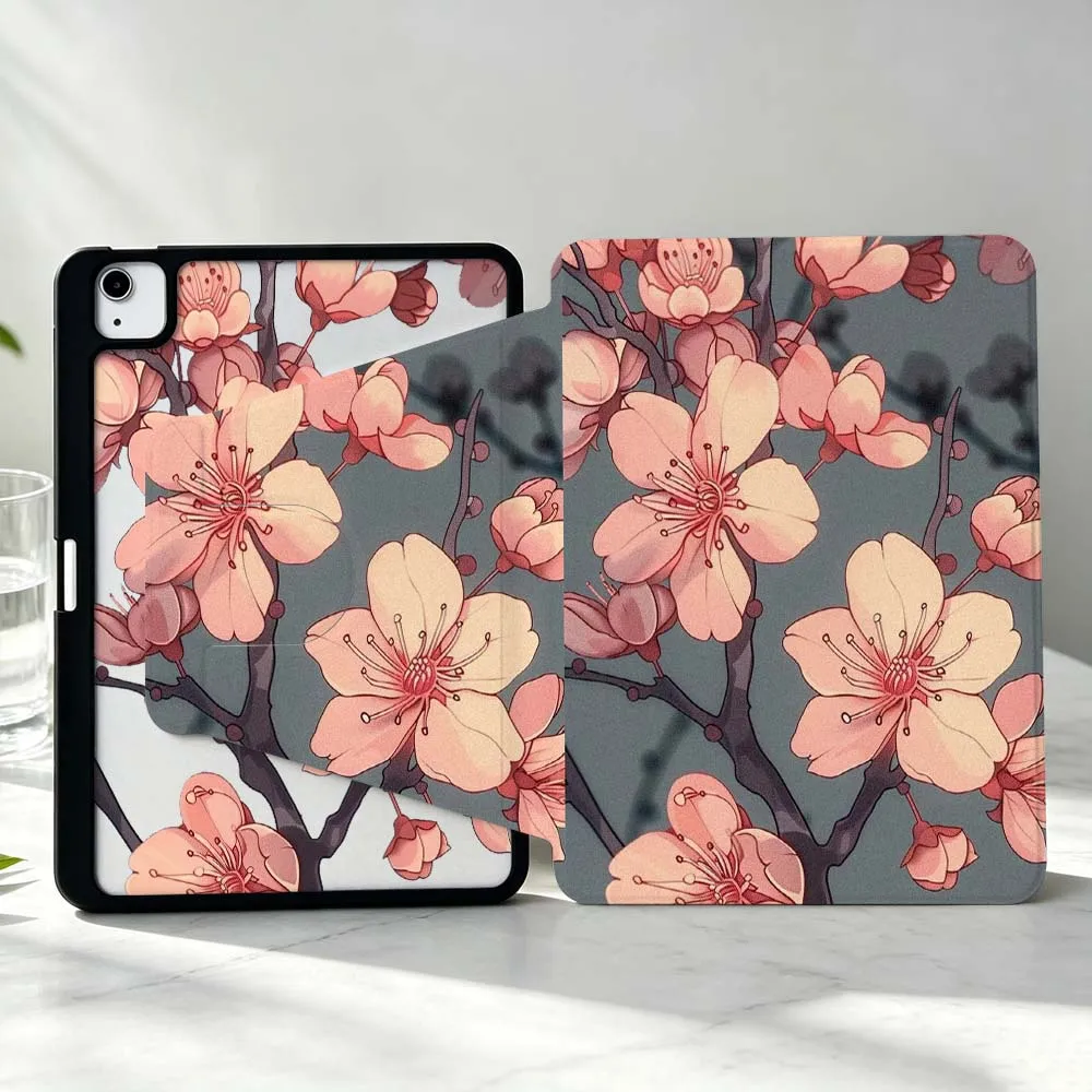 Artistic Peach Blossoms For iPad Pro Air mini 6 5 4 12th M5 M4 M3 M2 A16 A17Pro 360° Rotation Stylus Storage Tablet Case