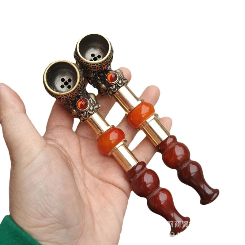 Hand-made pure copper bully faucet dry pipe with red gourd and agate old carved dragon pipe