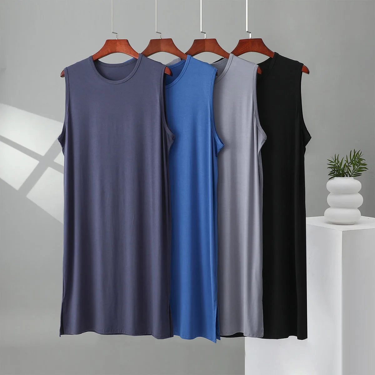 Multi-functional Knee-Length Men's Sleeping Dress Elastic Plus Size Night-robe Oversized Sleeveless Bathrobe Business Trip image 4