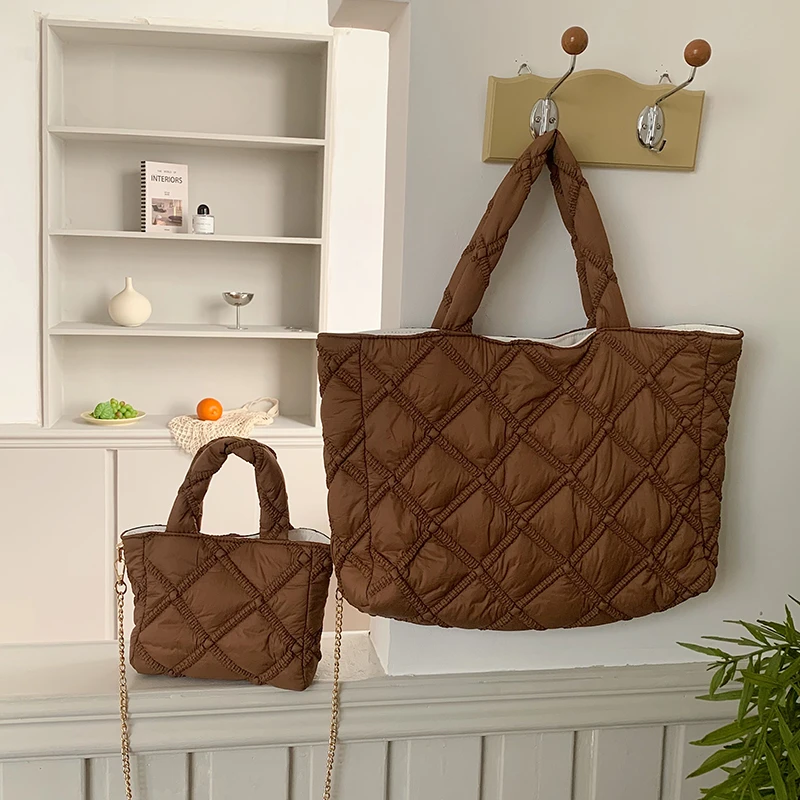 Large Capacity Down Cotton Padded Tote Bag Women Fashion Diamond Nylon Shoulder Bag Woman Designer Soft Shopping Messenger Bags