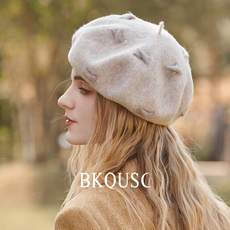 Australian Pure Wool Beret High Quality Fashion Women's Winter Warm Wool Hat Female French Elegant Bow Artist Painter Hat Berets