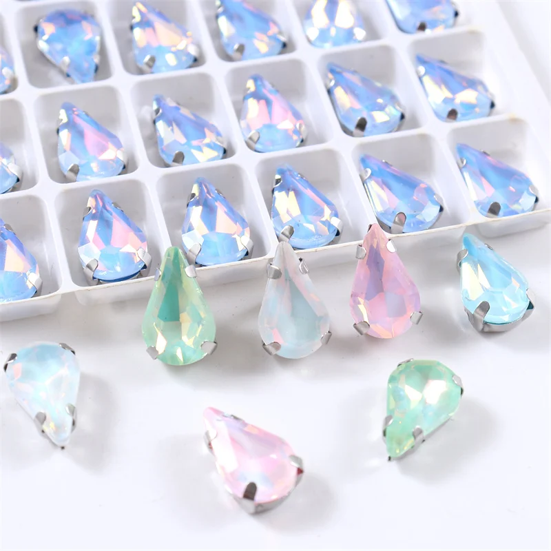 8x13mm kryształ w kształcie łezki przyszyć Rhinestone ze srebrnym pazurem galaretki AB kamienie do sukni ślubnej torby na buty DIY wykończenia