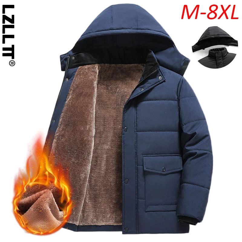 Winter Man Fleece Windproof Outdoor Jacket Men Casual Warm Detachable Hat Jacket Man Pocket Work Hike Jacket Parka Plus Size 8XL