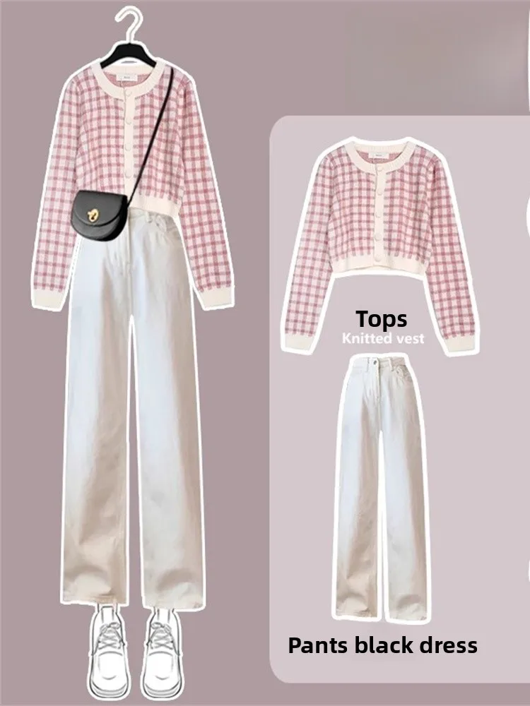 

Trendy High Waist Denim Jeans Knitted Sweater Cardigan Two Piece Set for Short Women Autumn Fashion Outfit Cotton Blend