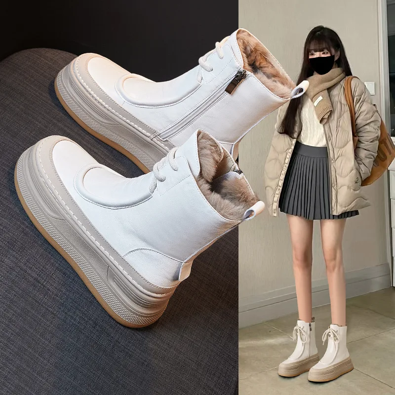 

New Autumn and Winter Velvet Thickened Platform Snow Boots Large Cotton Shoes Heightened Medium Tube Martin Boots Women's Shoes