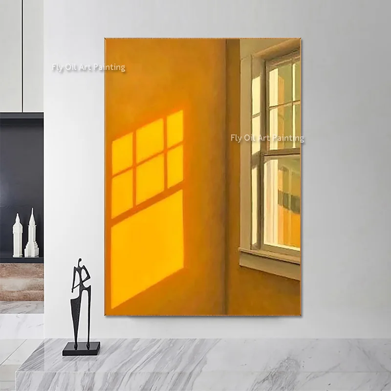 Large Hand‑Painted Mustard Yellow Sunlight Canvas Oil Painting, Minimal Window Shadow Interior Wall Art for Home Decoration