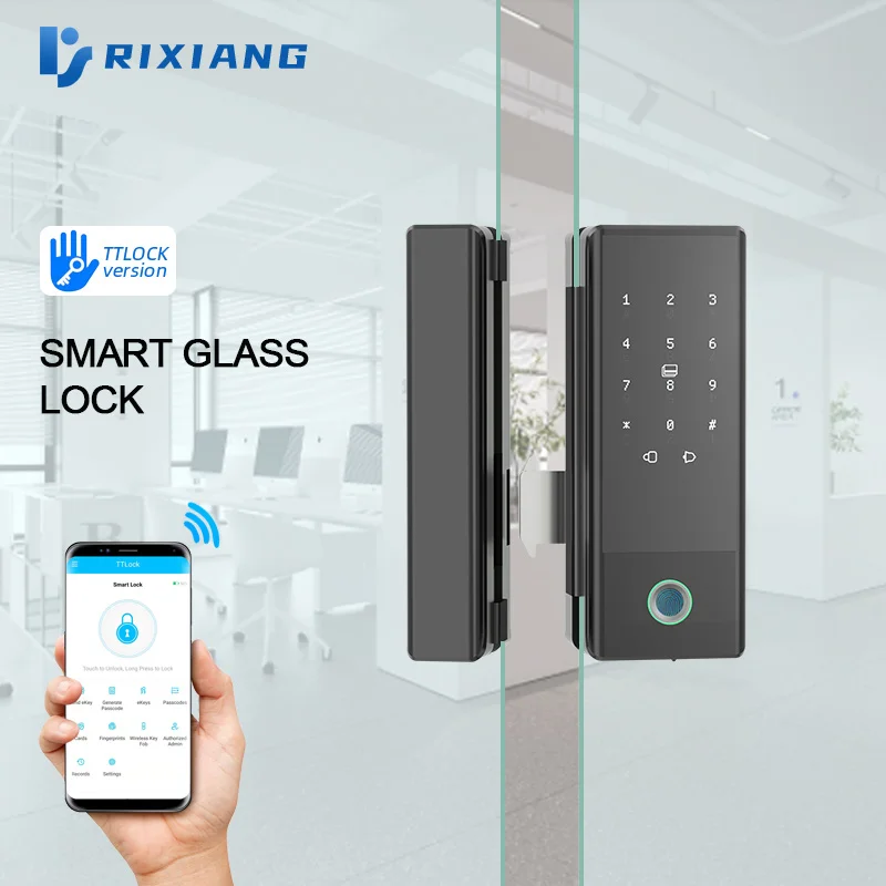 

Electronic keyless password+fingerprint+card glass door fingerprint padlock remote wireless door lock anti punching glass lock