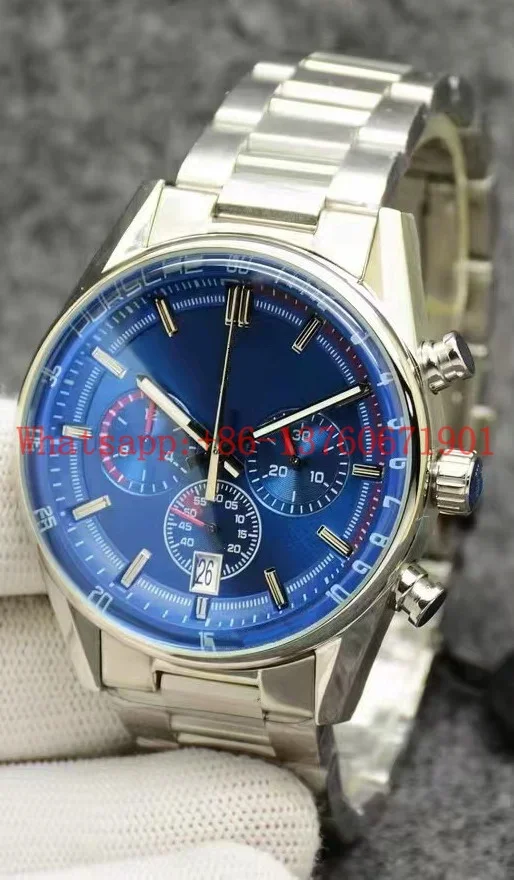 ใหม่หรูหรา Mens QUARTZ Chronograph นาฬิกาสีดําสีเขียวสีฟ้าหนังนาฬิกาจับเวลาสแตนเลส Luminous Sapphire 42 มม