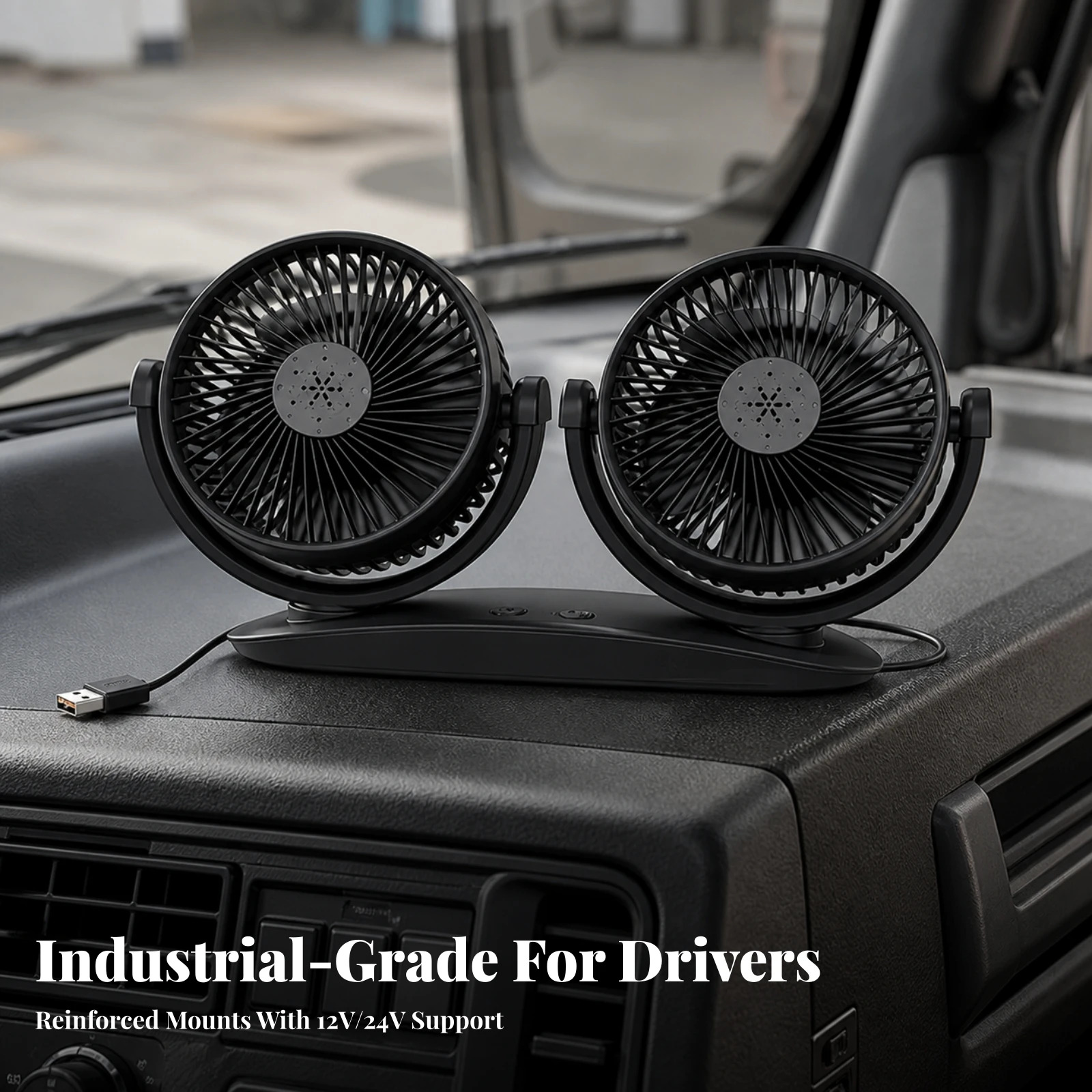 Compact Vehicle Fan with Angled Heads Quiet Twin Fan Assembly with Guarded Grilles Powerful Air Circulation for Van Interiors